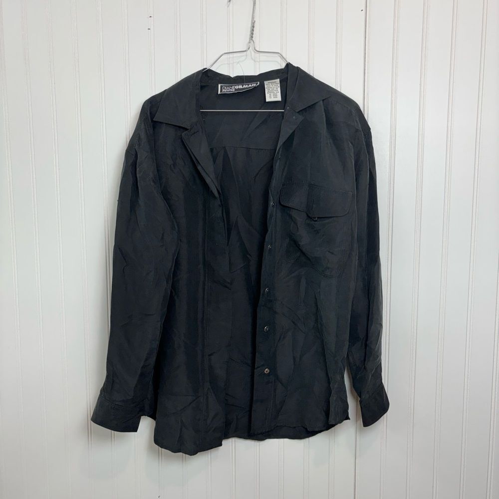 Diane Gilman vintage womens Black silk button up Shirt with shoulder pads